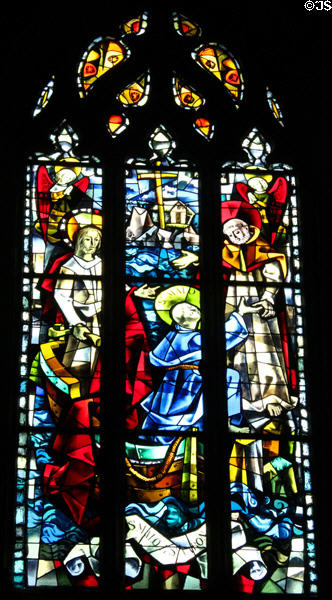 Max Ingrand's stained glass window depicting arrival of Welsh monk Malo in 6thC at Aaron's hermitage in St Vincent's Cathedral. St Malo, France.
