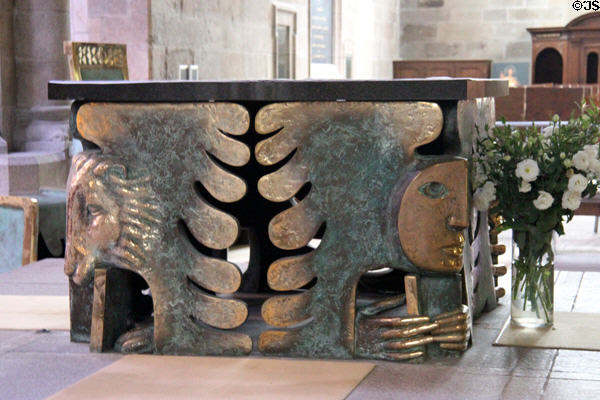 Symbols for Evangelists Mark (lion) & Matthew (angel) on high altar (1991) by Arcabas & Étienne Pirot inside St Vincent Cathedral. St Malo, France.