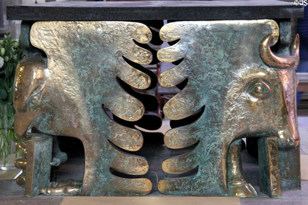 Symbols for Evangelists John (eagle) & Luke (bull) on high altar inside St Vincent Cathedral. St Malo, France.