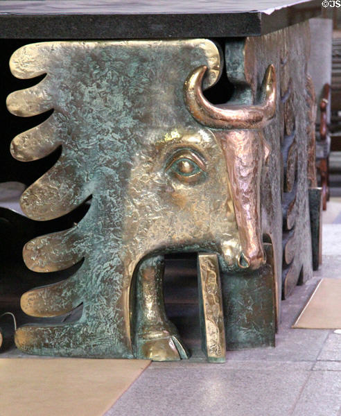 Bull, representing Evangelist Luke on high altar inside St Vincent Cathedral. St Malo, France.