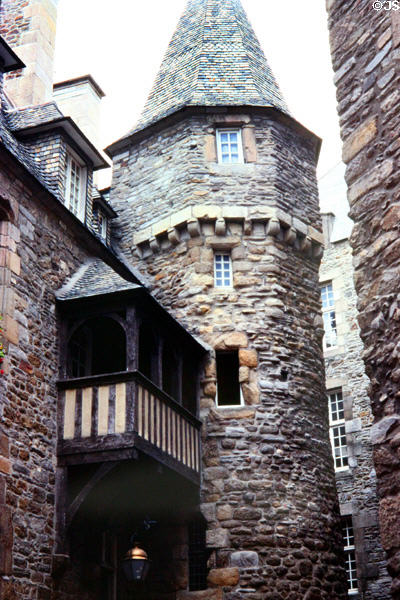 Old stone building with balcony & tower. St Malo, France.