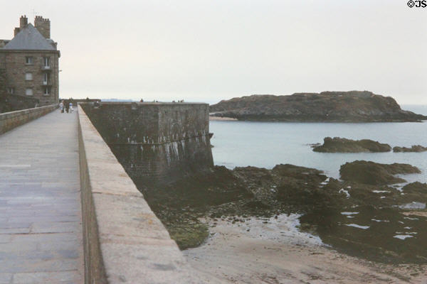 Ramparts & ocean on misty day. St Malo, France.