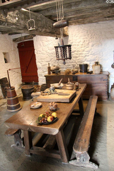 Kitchen with work table at Jacques Cartier Manor House Museum. St Malo, France.