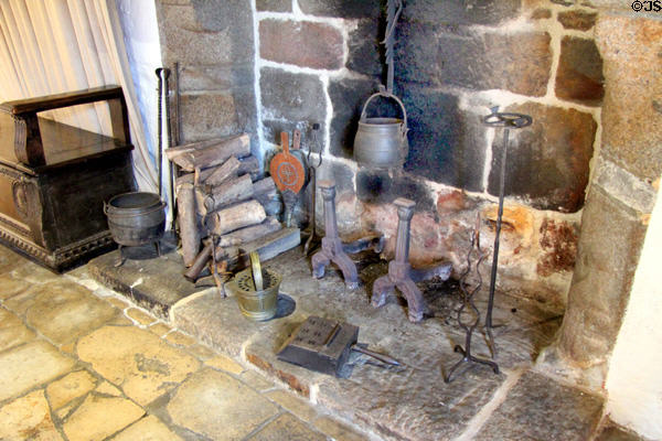 Open hearth fireplace in Common Room at Jacques Cartier Manor House Museum. St Malo, France.