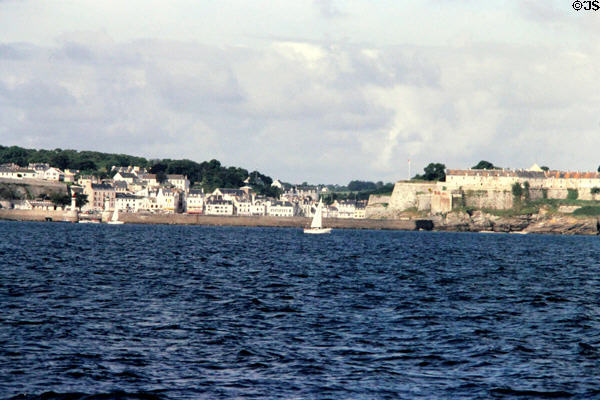 Approaching port & Vauban Citadel (1549) of Le Palais. Belle-Isle-en-Mer, France.