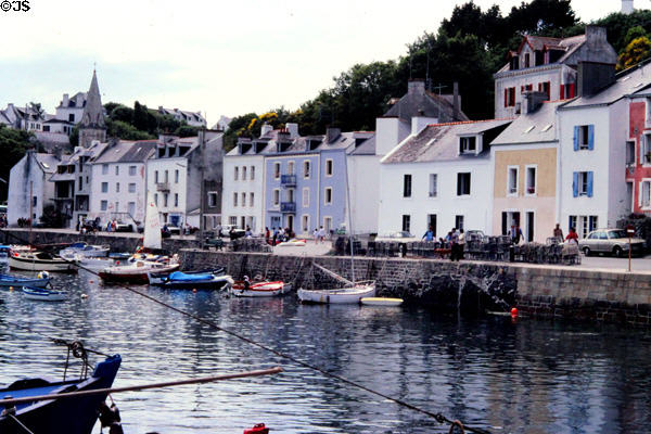 Houses lining waterfront in Sauzon. Belle-Isle-en-Mer, France.