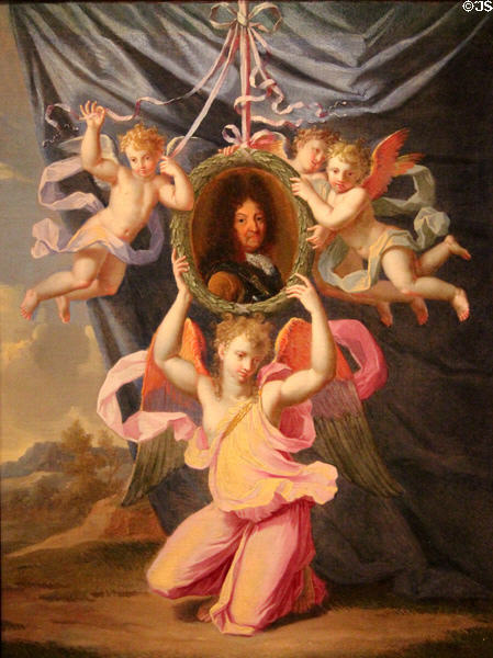 Angel presenting portrait of Louis XIV painting (1660) by Noël Coypel at Museum of Fine Arts of Rennes. Rennes, France.