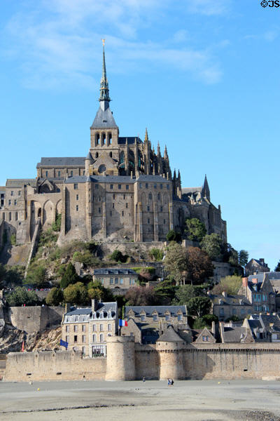 Mont-St-Michel abbey with town buildings below. Mont-St-Michel, France.