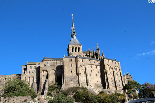 Mont-St-Michel abbey against cloudless sky. Mont-St-Michel, France.