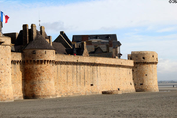 Massive walls & bastions of Mont-St-Michel. Mont-St-Michel, France.
