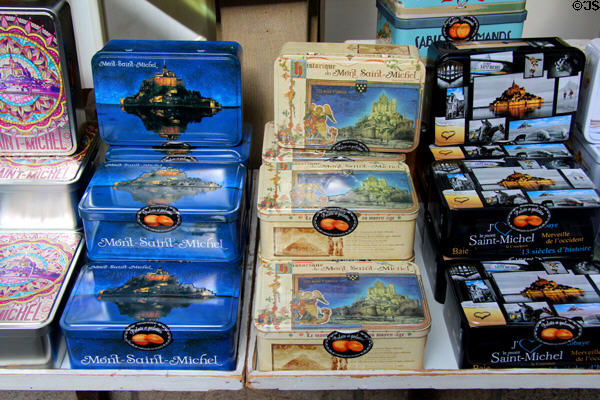 Shop window with ornate tins of Mont-St-Michel confectionary along Grande Rue. Mont-St-Michel, France.