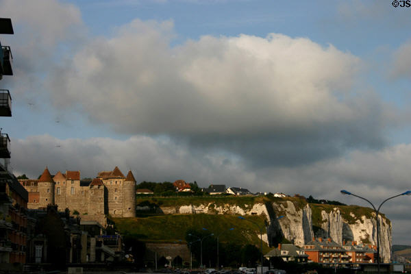 Heavy clouds above cliff & Dieppe Castle. Dieppe, France.
