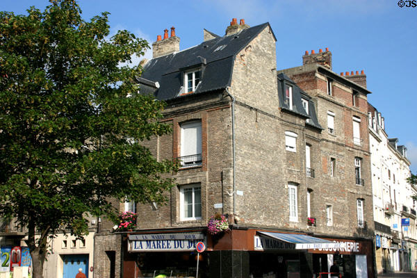 Older buildings & shops in core of town. Dieppe, France.