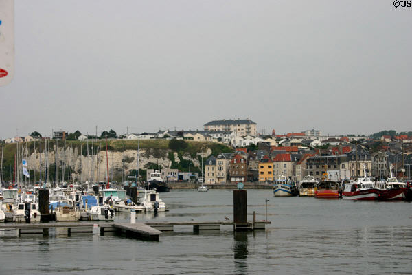 Busy harbor with cliffs in background. Dieppe, France.
