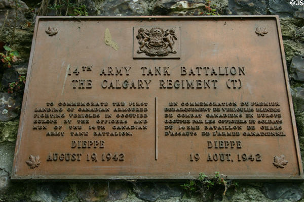 Plaque commemorating landing of Canadian armored vehicles in occupied Europe at Dieppe (1942). Dieppe, France.