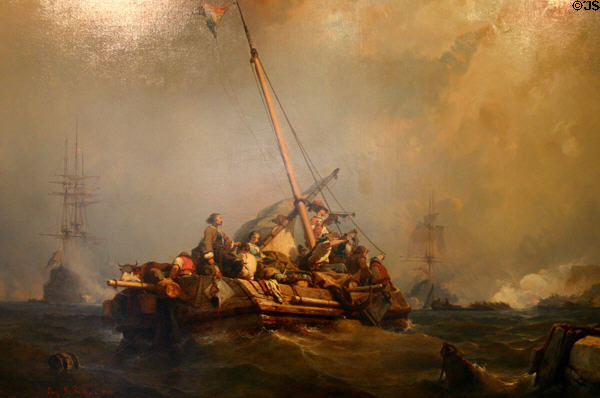 Settlers heading to shore painting at Dieppe Castle Museum. Dieppe, France.