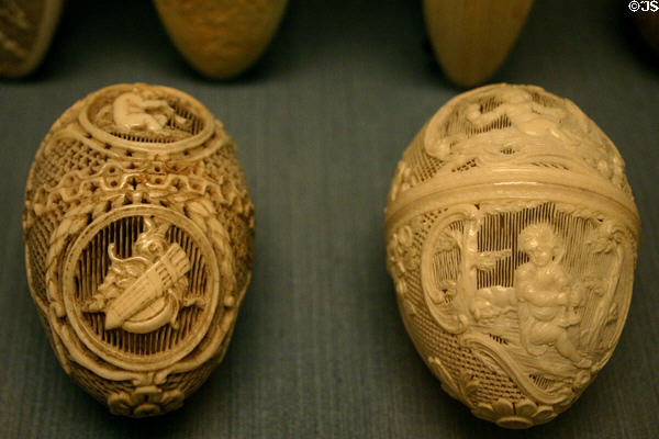 Bone oval boxes with microscopically carved details at Dieppe Castle Museum. Dieppe, France.