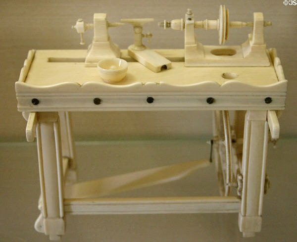Model of lathe used in bone carving for which Dieppe is known at Dieppe Castle Museum. Dieppe, France.
