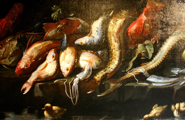 Painting of array of various fish at Dieppe Castle Museum. Dieppe, France.