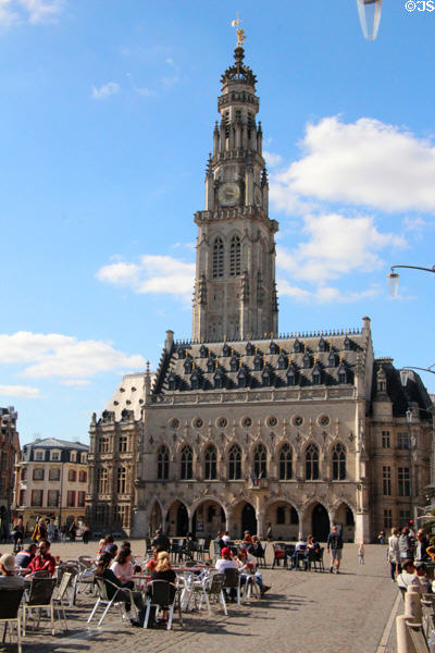 Bell tower (1463-1554) & Arras Town Hall (early 16thC) both reconstructed after total destruction in WWI (1914) on Place of Heroes. Arras, France.