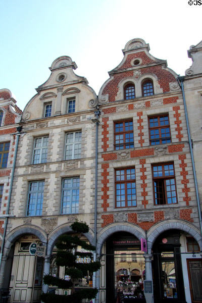 Details of stone & brick work of Flemish Baroque facades (17th & 18thC) on Place des Heroes. Arras, France.