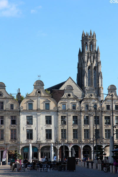 Tower of St-Jean-Baptiste church seen over Place des Heroes. Arras, France.