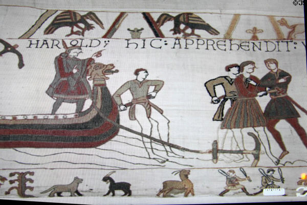 Video images of Bayeux Tapestry scenes at its Museum (where photos not allowed). Bayeaux, France.