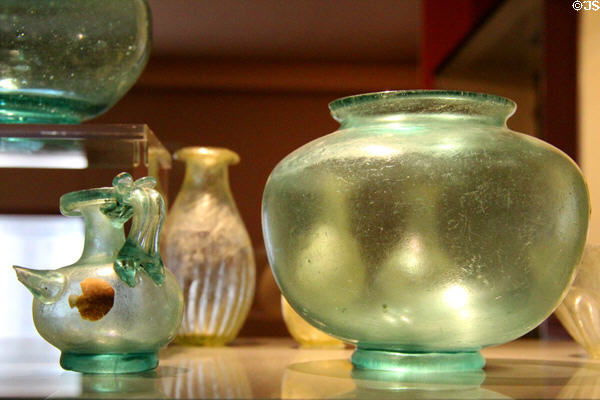 Glassware (1st-4thC) from tombs of Lisieux & Frénouville at Museum of Normandy. Caen, France.