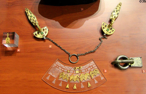 Jewelry objects from treasure of Airan (c400-450) at Museum of Normandy. Caen, France.