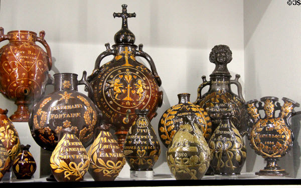 Pottery vessels (19thC) by Noron-la-Poterie & other Calvados producers at Museum of Normandy. Caen, France.