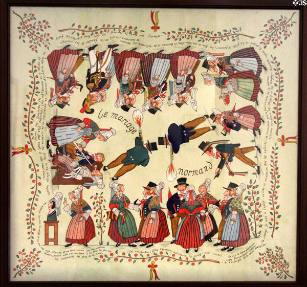 Graphic illustrating wedding in Normandy regional dress at Museum of Normandy. Caen, France.