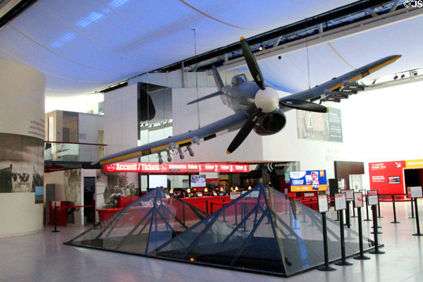 Hawker Typhoon hanging over lobby of Caen Memorial. Caen, France.