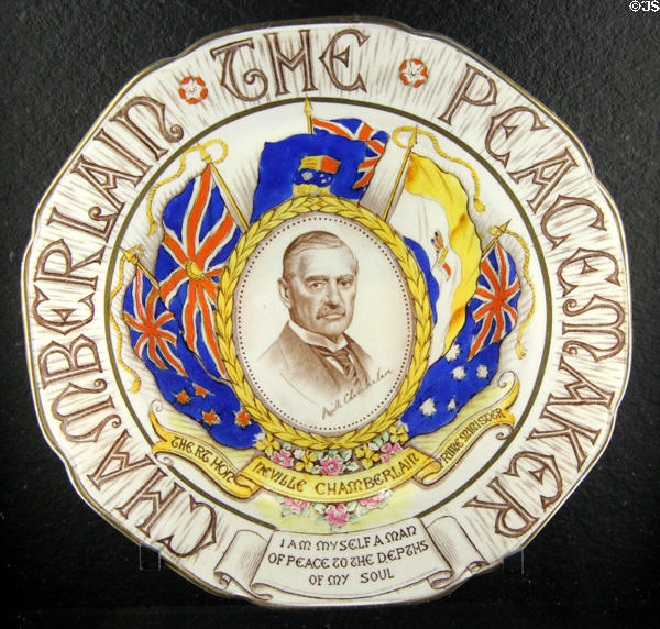 Munich Agreement - Neville Chamberlain commemorative plate (Sept. 1938) at Caen Memorial. Caen, France.