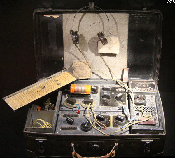 British type B Mk II radio concealed in a suitcase (1940s) with range of over 800 km at Caen Memorial. Caen, France.