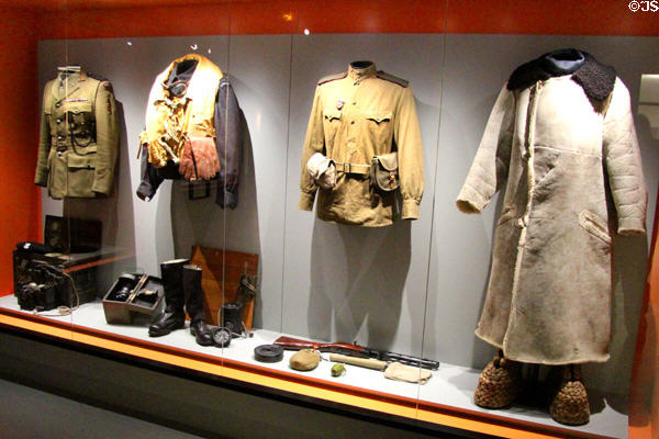 WWII uniforms worn by Polish, Canadian & Russian troops at Caen Memorial. Caen, France.
