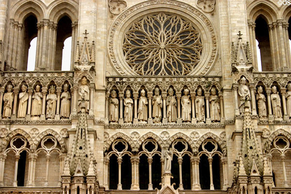 Rose window & double galleries on west front of Amiens Cathedral. Amiens, France.