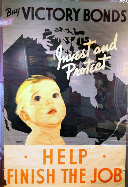 Buy Victory Bonds - Help Finish the Job Canadian WWII poster at Juno Beach Centre. Courseulles-sur-Mer, France.
