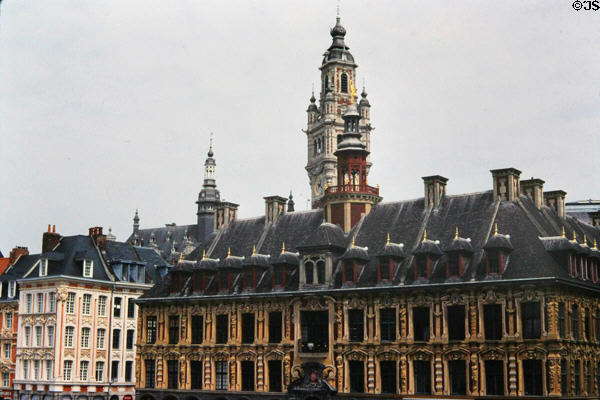Heritage buildings around Theatre Place including Old Bourse & Bell tower of Lille Chamber of Commerce. Lille, France.