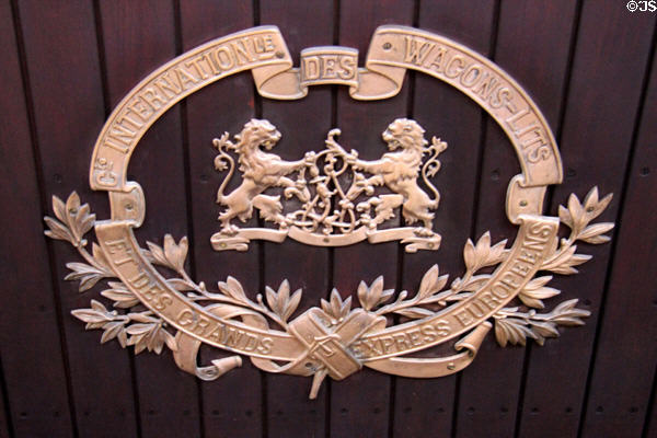 Emblem of Wagon-Lits & Great European Express, maker of rail car at Armistice Rail Car clearing. Compiègne, France.