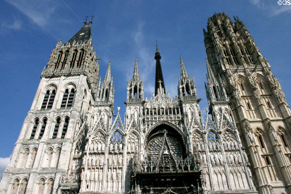 Towers & spires of western facade of Rouen Cathedral. Rouen, France.