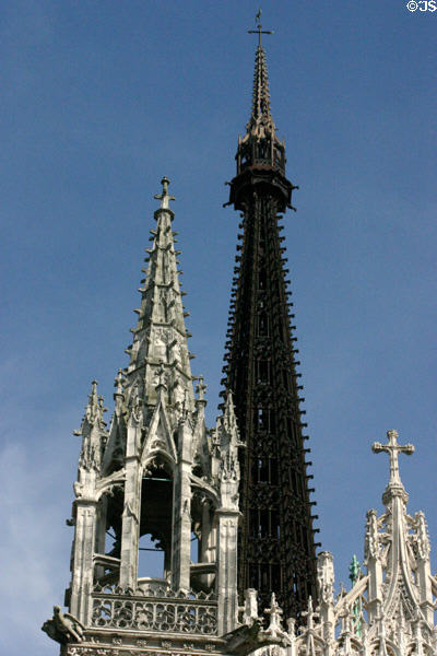 Western facade spires & central lantern tower of Rouen Cathedral. Rouen, France.