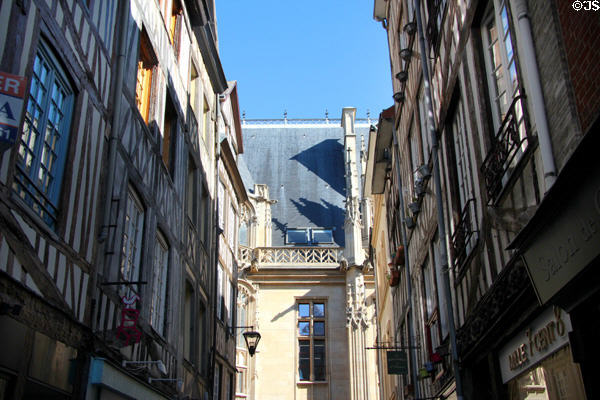 Streetscape of half-timbered buildings. Rouen, France.
