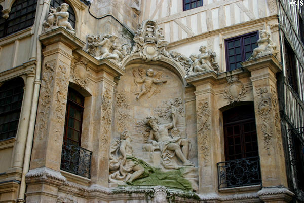 Detail of Ludovico XV marble fountain near Great Clock. Rouen, France.