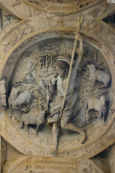 Detail of Ludovico XV marble fountain near Great Clock. Rouen, France.
