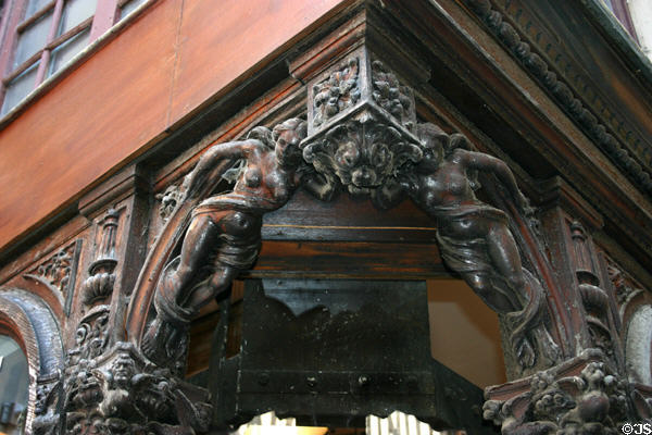 Carved corner supporting structure at Great Clock. Rouen, France.