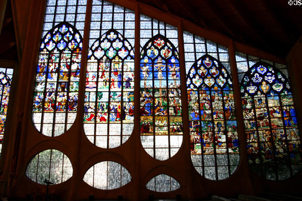 Stained-glass windows (16thC) from destroyed St Vincent's church expanded & inset at modern St Joan of Arc Church. Rouen, France.