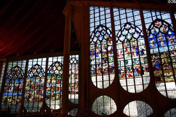 Stained-glass windows (16thC) from destroyed St Vincent's church expanded & inset at modern St Joan of Arc Church. Rouen, France.