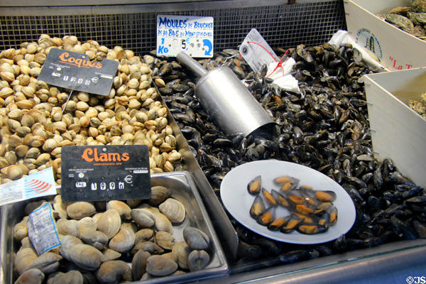 Bivalve shellfish at St Joan of Arc open-air marketplace. Rouen, France.