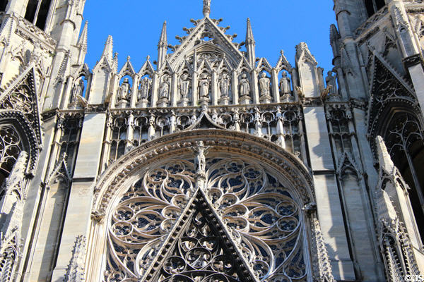 Flamboyant Gothic rose window exterior details of St-Ouen Abbey Church. Rouen, France.