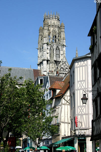 Flamboyant Gothic St-Ouen Abbey Church over Medieval streetscape. Rouen, France.